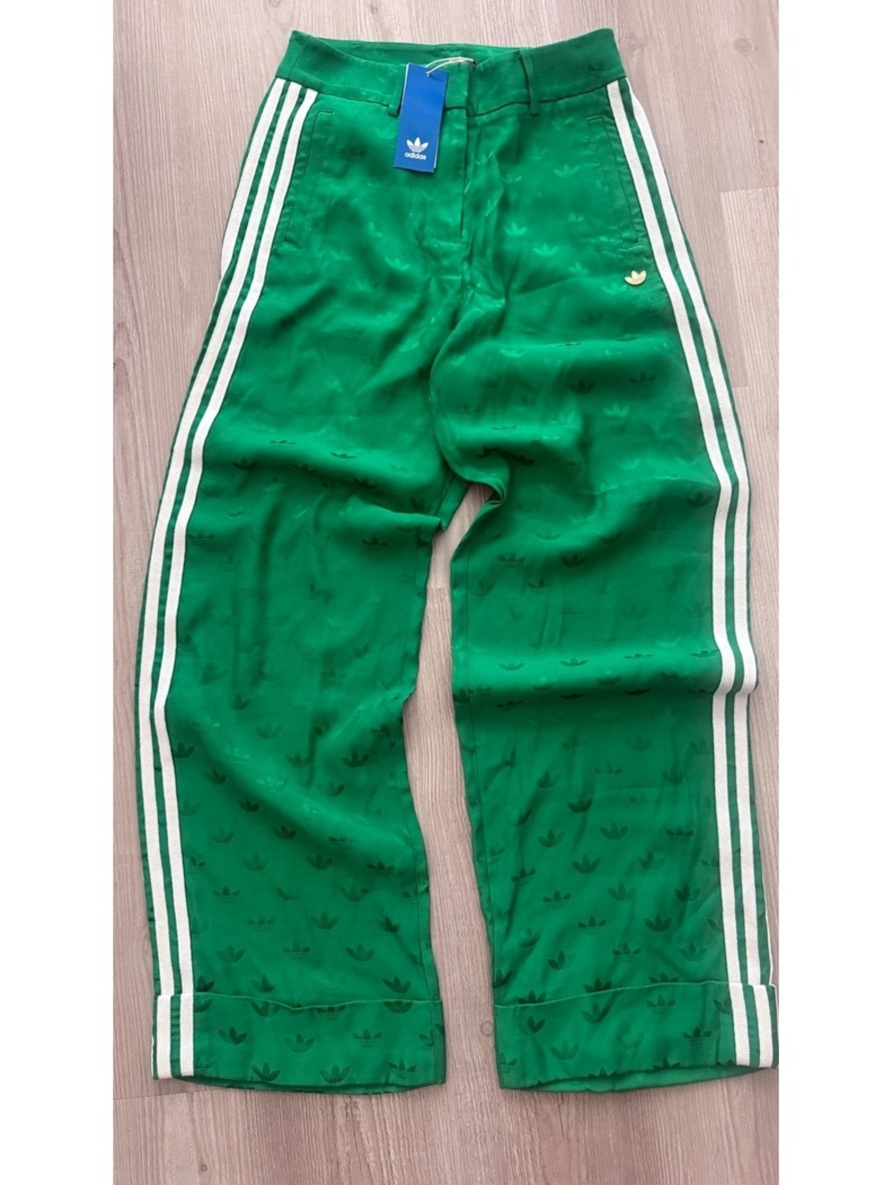 Adidas Originals Premium Woven Jacquard Trousers Green Trefoil NWT S